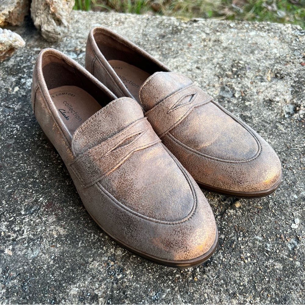 Clarks Metallic Gold and Tan Penny Loafers